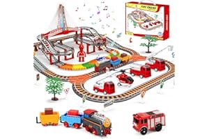 JONRRYIN Trenino Elettrico per Bambini, 161Pezzi Giocattolo Pista Macchinine, Pista Treno e Auto Elettrico a Tema Pompieri con 4 Camion dei Pompieri, Giocattolo di Costruzione per Bambini 4 5 6 Anni