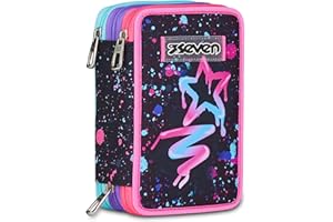 Seven Astuccio Scuola 3 Zip, Nero, Portapenne Triplo Scomparto Completo Di Penne, Matite, Colori, Accessori Zaino, Scuole Elementari, Bambina