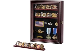 Torolle Présentoir pour Pièces de Collection/Épingles Militaires/Médailles/Badges,Boîte d'Ombre en Bois Naturel,Rack Mural Verrouillable,Porte en Verre avec Étagères Réglables à 2 Rainures- Acajou