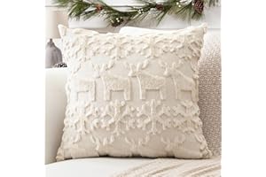 Artscope 1 Pezzi Natalizio Federe in Lana Corta Velluto Copricuscini Morbido Decorativo Fodere per Cuscino Lusso Stile per Divano Camera da Letto Fiocchi di Neve e Cervo Beige 50x50 cm
