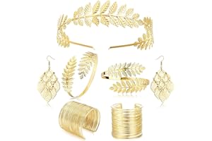 Adramata 7 Pièces Déesse Grecque Costume Accessoires Ensemble pour Femmes Feuille d'or Couronne Bracelet Perle Boucles d'oreilles Bijoux de Mariage de Mariée, Bijoux Halloween