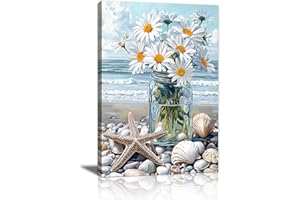 FAJERMINART Spiaggia Bianco Fiori nel Vaso Quadri Moderni Con Cornice, Elegante Blu Costa Paesaggio Stampe da Parete Natura Floreale Quadro Stampa Su Tela Decorazioni per Bagno Soggiorno Camera da Letto 30x40cm
