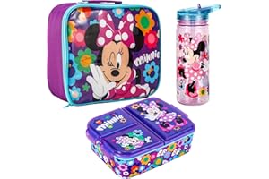Zawadi Global Minnie Mouse - Juego de lonchera para niños, bolsa de almuerzo aislada, lonchera multicompartimento y botella de agua de 580 ml, juego de comida para viajes escolares, sin BPA