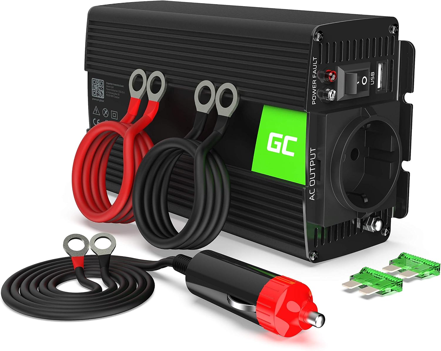 Green Cell® 500W/1000W 12V a 220V/230V Onda sinusoidal modificada Inversor de Corriente DC AC Power Inverter Transformador de Voltaje para Coche Camion con Puerto USB y Pinzas de conexión a batería