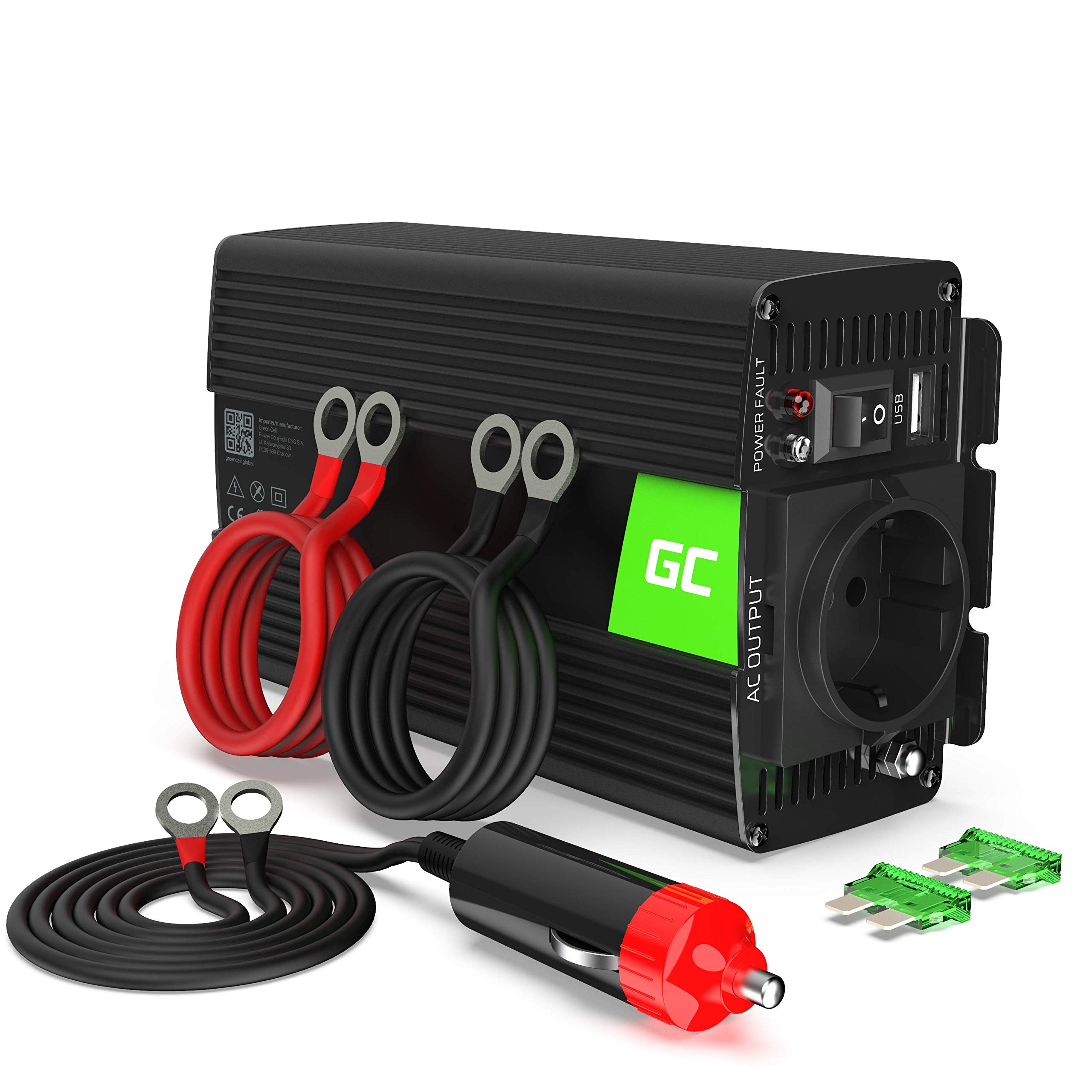 Green Cell® 500W/1000W 12V a 220V/230V Onda sinusoidal modificada Inversor de Corriente DC AC Power Inverter Transformador de Voltaje para Coche Camion con Puerto USB y Pinzas de conexión a batería - 1