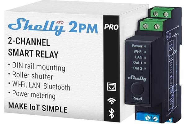 Shelly Pro 2PM - Interrupteur connecté sur rail DIN, W-Fi, LAN Biphasé - 25 A, Compteur consommation électrique, Contrôle à distance Éclairage, app iOS Android, Compatible Alexa, Google Home