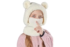 SEAUR Cagoule Filles 4-10 Ans Bonnet Écharpe Doublé d'hiver Chaud Tricoté Chapeau 3 en 1 pour Enfants