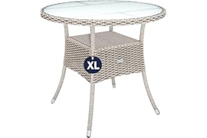 ‎CASARIA Casaria® Polyrattan Gartentisch 80cm Rund 5mm Sicherheitsglas Höhenverstellbar 80kg Belastbarkeit Wetterfest Terrasse Balkon Beistelltisch Tisch Beige