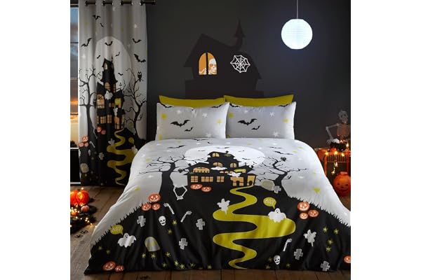 Bedlam – Halloween-hemsökt påslakan – enkelsäng (140 x 200 cm) – sängkläder i mörkret – herrgårdspåslakan – halloweendekorationer – matchande gardin tillgänglig