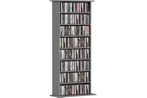 HOMCOM Rangements pour CD et DVD, meuble de rangement multimédia, capacité max. 360 CD/185 DVD et Blu-ray, 8 compartiments et 6 étagères réglables, pour salon, chambre, 58 x 24 x 126,3 cm, gris