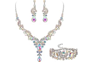 EVER FAITH Conjunto de Joyas de Cristal Nupcial Art Deco Floral Collar de lágrima Conjunto de Pendientes y Pulsera Iridiscente Clear AB Silver Tone