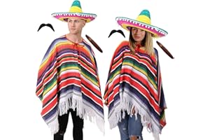 I LOVE FANCY DRESS ADULTS MEXICAN WILD WEST COUPLES FANCY DRESS COSTUME - 2X DELUXE STRIPED PONCHO, 2X POM POM EDGING SOMBRERO, 2X JUMBO PLASTIC CIGARS, 2X BLACK STICK ON TASH - PERFECT FOR MENS AND LADIES AROUND THE WORLD, MEXICAN, WILD WEST FANCY DRESS PARTIES