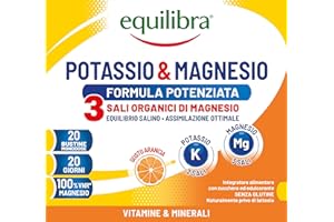 Equilibra Integratori Alimentari, Potassio e Magnesio 3 Formula Potenziata, Integratore Magnesio e Potassio per Reintegro Sali Minerali, Gusto Arancia, Senza Glutine e Senza Lattosio, 20 Bustine