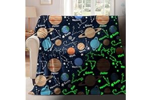 ‎YOOFOSS Yoofoss Fleece-Überwurfdecke für Kinder, leuchtet im Dunkeln, weich, warm, gemütlich, süß, schwarzer Planet, Doppelbettgröße 125 x 150 cm