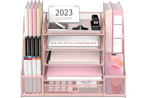 SUPTIDY 5-Tier Desk Organiser with File Holder, Mesh Paper Letter Tray Organiser with Magazine Holder, Desk Organisation and Storage with Drawer for Office Supplies Home or School, Pink