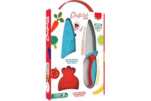 Chefclub Kids- Kit Couteau de Cuisine pour Enfants - Lame Acier Inoxydable - Protège-Doigts et Protège-Lame - Ustensile Sécurisé et Ergonomique - Bleu & Rouge