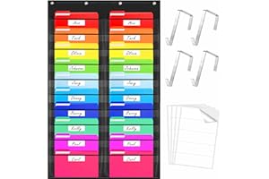VANTASII Storage Pocket Chart, Heavy Duty Wall File Organization Folder with 20 Clear File Pockets, 20 Blank Dry-Erase Name Stickers Plus 4 Over Door Hooks for Files, Classroom & Office (Black, 28.5” X 47”)