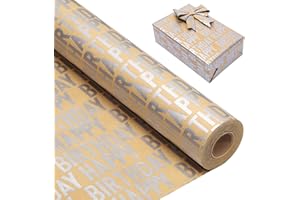 woric 25m x 43cm Silver Birthday Wrapping Paper Roll, Happy Birthday Wrapping Paper Gift Kraft Wrapping Paper for Gift Wrap Men Women Girls Boys