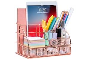 ARCOBIS Desk Tidy Drawer Organiser, Office Stationary Desktop Pen Holder with 5 Compartments + 1 Large Drawer | The Mesh Collection, Rose Gold