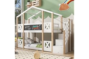 Kehun Etagenbett Kinderbett 90 x 200, Hausbett für 2 Kinder, Hochbett Holzbett mit Lattenrost und Schublade, Baumhaus Bett mit Rausfallschutz und Treppe, Weiß, Ohne Matratze