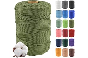 Klhamky Hilo Macrame 3mm x 500m, 100% Algodó Cordel Hilo Natural, Cuerda Macrame de Algodón Suave de 4 Hilos, Para Manualidades para Colgar Plantas, Macrame Pared, Macrame Cortinas,verde oliva