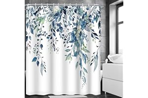 MIRRORANG Shower Curtain, Blue Floral Bathroom Curtains Mildew & Mould Resistant Polyester Bath with 12 Hooks, Waterproof Quick-Drying Fabric Plant Curtain(180 x 180 cm)