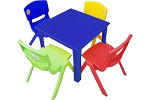 A406 Strong Kids Children Table and Chairs Set for Study, Activity Garden Indoor (Blue Table + 4 Chairs Mix)