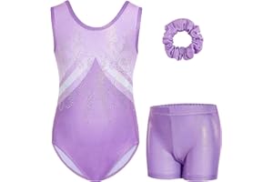 Gogokids Ärmelloses Gymnastiktrikot-Set für Mädchen, dreiteilig mit Shorts und Haargummi, Kinder Gymnastik Outfits mit Aushöhlen & überkreuztem Design, Glitzer Ballett-Einteiler für Alter 3-12
