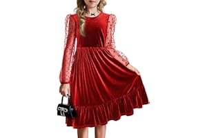 Arshiner Robe Filles Velours Soirée Manches Longues Robes Fête Volants Princesse Unie Enfants Automne Hiver Halloween Noël Robe avec Poche 6-13 Ans