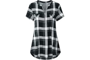 Odosalii Womens Zip Up Plaid Tunic Blouse Short/Long Sleeve Polo Top Floral Printed Shirts