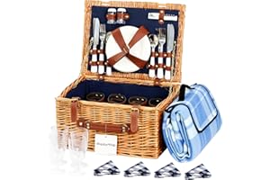 display4top Deluxe 4 Person Traditional Wicker picnic basket Wicker Hamper - Premium Set with Plates, Wine Glasses, Flatware and Napkins (Blue)