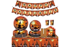 GOLDNICE Halloween Party Tableware Set, Halloween Party Decorations Including Tablecloth, Halloween Plates Cups and Napkins, Paper Straws, Banner, Halloween Theme Party Table Decoration Supplies, 24 Guests