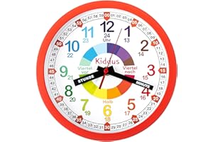 Kiddus Reloj de Pared Pedagógico Infantil para Niña, Niño. Analógico y Silencioso. Aprende la Hora con Nuestro Fácil Sistema Time Teacher. Ejercicios Incluídos. Color Rojo. Deutsch