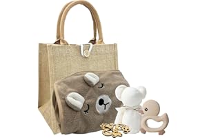 RAINBOW GIFTS INTERNATIONAL Bear Hooded Baby Towel White Teddy Flannel and Silicone Duck Teether Inside our Gift Bag Neutral Unisex Essentials Natural Bath Set for Newborn Boys or Girls by Rainbow Gifts