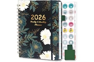 NEYSA Agenda 2026 Semainier Spirale, Jan- Déc 2026 (12 mois) A5 Agenda Scolaire Avec Boucle de Stylo, Autocollants de Plan & Onglets Mensuels, Pochette -21 x 15 cm (Vert)