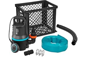 Gardena Set Acqua Alta 9000: Pompa a immers. con Portata 9000 l/h, Funzione Auto, Filtro p. Particelle di Sporco Fino a 25 mm, incl. Raccordo p. Tubo Flessibile e Scatola di conserv, 300 W (9041-20)