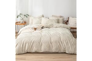 Jemiipee Funda Nordica Jacquard Cama 180 Bordado Shabby Chic, Juego de Fundas Bohemio Color Sólido 100% Microfibra Suave para Edredon 230x260 cm y 2 x Fundas de Almohada de 51x92 cm, Crudo