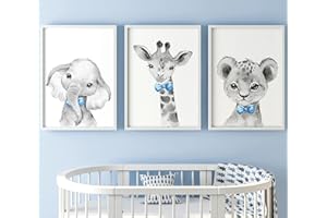 Eviepops Prints Ensemble Animaux Safari de 3 Impressions Sans Cadre pour Chambre d'enfant Garçon, Décoration Chambre Posters Décoratifs Muraux, Eléphant Lion Girafe (A3)