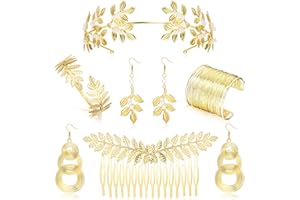 Kakonia 6 Pièces Déesse Grecque Costume Accessoires pour Femmes Doré Feuille Laurier Couronne Bandeaux Bracelet Bras Bracelet Bobine Boucles d'oreilles Balancent Mariée Halloween Cosplay Bijoux