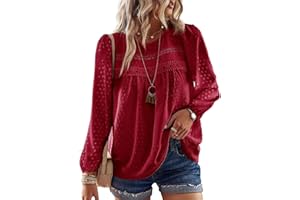 TUUHAW Womens Tops Autumn Round Neck Long Sleeve Shirts Boho Crochet Casual Chiffon Blouses Flowy Lace Hem Clothing Trendy