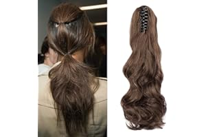 Cybelleza Ponytail Extension Curly Wavy Claw Jaw Pony Tail One Piece Clip in Hair Extensions Hairpiece Synthetic Long Natural for Women (Dark Brown&Light Auburn)