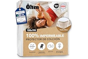 Protector Colchón 150x190 cm | Cubrecolchón Impermeable e Imperceptible | Algodón Hipoalergénico y Absorbente | Antiácaros | 4 Esquinas Elásticas | hasta 40 cm | Funda Transpirable | Oeko-Tex | Ôhm