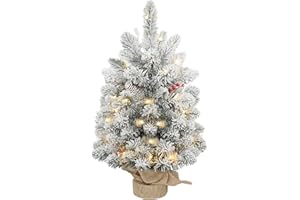 HOMCOM Árbol de Navidad Mini Artificial de 60 cm con 35 Luces LED, 72 Ramas Densas Nevadas, Piñas, Bayas y Base de Arpillera, Decoración Navideña de Mesa para Casa y Oficina, Verde