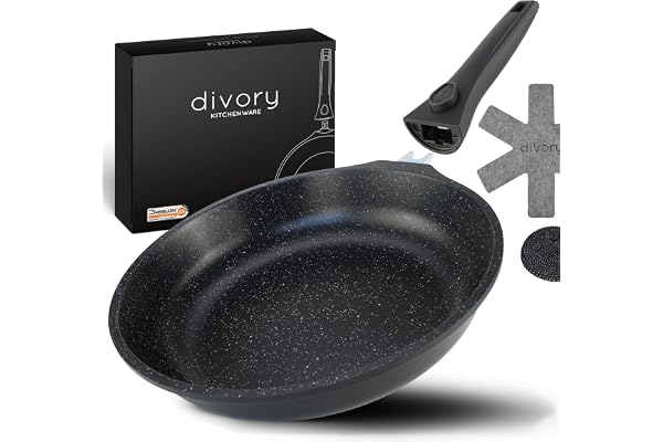 DIVORY grande poêle 28cm I Poignée amovible, induction, revêtue, aluminium - grande poêle à frire + protège-poêle - poêle à induction