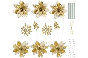 ilauke 20 Flores de Navidad Artificial Dorado,13/15cm Flores Artificiales Decoracion con 4 Bayas+10 Copos de Nieve+25 Clips+25 Rizomas+1 Paquete de Cuerda,Flores de Brillo Navideño para Decoraciones