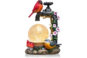 TERESA'S COLLECTIONS Garden Ornaments Outdoor, Red Robin Bird on Faucet with Crackle Glass Ball, Waterproof Resin Robin Bird Ornaments, Robin Gifts, Birthday Gifts for Mum, Indoor Outdoor 21CM