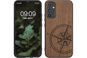 kwmobile Carcasa Compatible con Samsung Galaxy A34 5G Funda - Funda de Madera de Nogal con Bumper antigolpes - de Aguja magnética