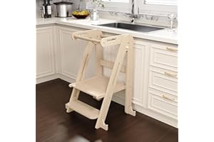 SOFTHOM Montessori Learning Tower for Children from 1 Year Foldable Step Stool with Safety Handrails, Tilt Protection, Height Adjustable, Pre-Assembled, Wooden Learning Tower, Children's Step Stool