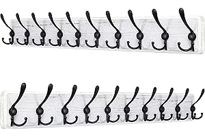 SKOLOO Garderobenleiste Holz, Vintage, Stabile Kleiderhaken Wand mit 10 Dreifachhaken, 2er-Pack, zum Aufhängen von Kleidung, Mantel, Hüten, Jacken, Rucksack, Hakenleiste Holz Schwarz auf Weiß