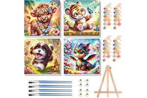 Pujeknm 4 Stück Tiere Malen Nach Zahlen mit Rahmen, Kuh Hund Drache Tiger Malen Nach Zahlen Acrylfarben mit als Geschenk, Mittel 20x20 cm (Süßes Tiere)